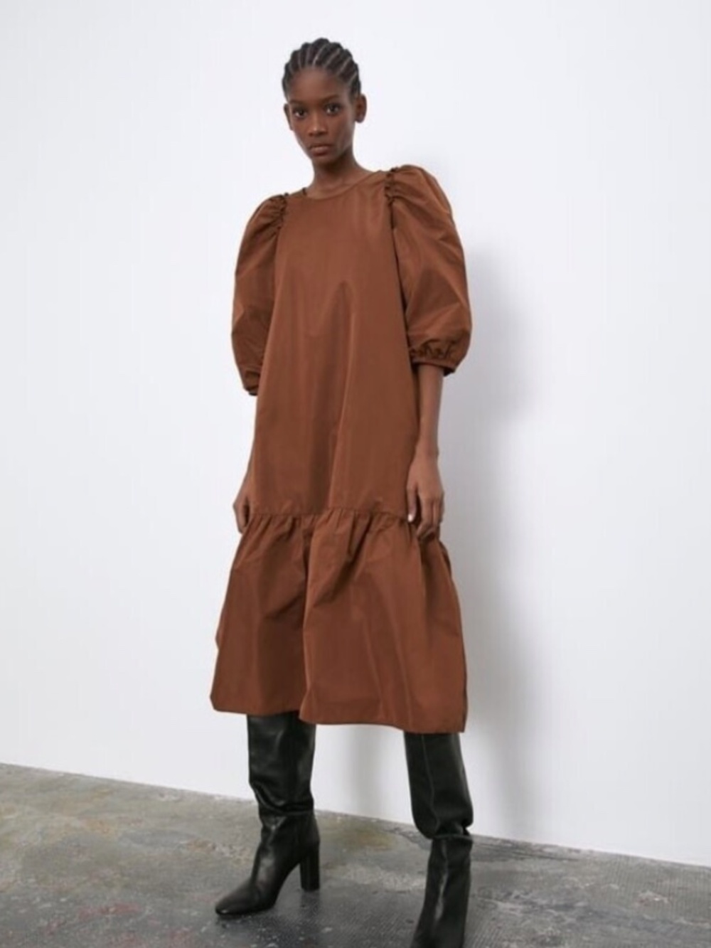 ZARA New With Tags Tiered Dress Puffy Sleeve Taffeta Midi Brown Voluminous XS